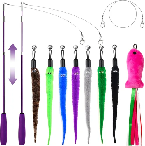 Juguetes para gatos de interior, paquete de 11 varitas interactivas para gatos, 2 varitas retráctiles para gatos y 7 recambios de gusanos, juguetes