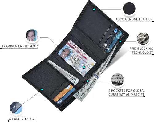 Miniatura 3 de Billeteras delgadas RFID para hombre - Cartera triple de cuero genuino con bolsillo frontal, Negro -, Cartera RFID