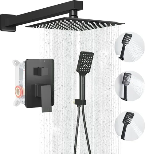 Miniatura 12 de Cabezal de Regadera - Juego de Grifo de Ducha Sistema Combo Cuadrado con Cabezal de Ducha de Lluvia de 20 cm, Montaje en Pared, Ducha de Mano, Acero
