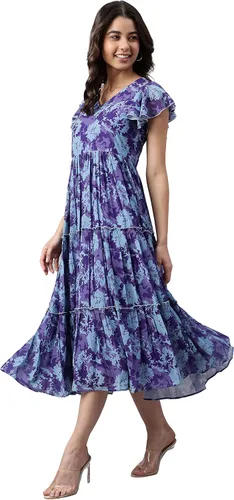Miniatura 3 de Janasya Vestido occidental acampanado con estampado floral azul para mujer, Azul