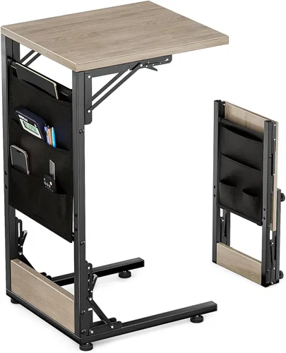Miniatura 13 de Mesa auxiliar plegable en forma de C, pequeña mesa auxiliar plegable con bolsa de almacenamiento, bandeja de TV portátil para sofá, cama, color negro