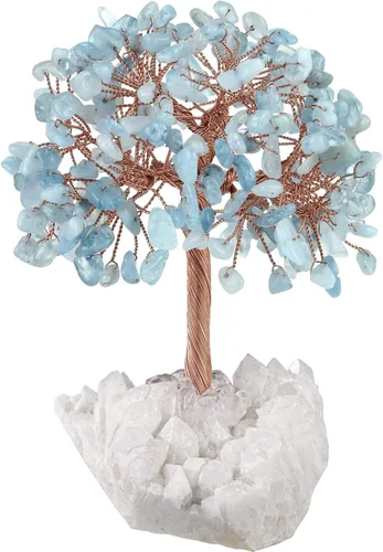 mookaitedecor Árbol de dinero de cristal aguamarina natural con base de racimo de cuarzo de roca, árbol de Feng Shui de cristal curativo para