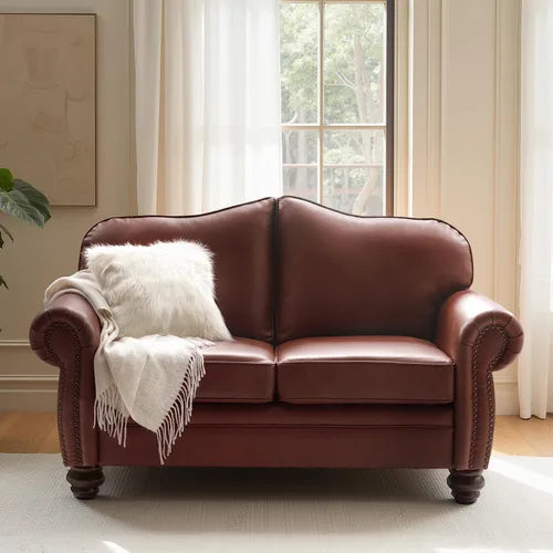 Miniatura 10 de El apoyo que necesitas 152 cm de ancho Sofá Chesterfield de cuero genuino, sofá con brazos enrollados, reborde con clavos para muebles de sala