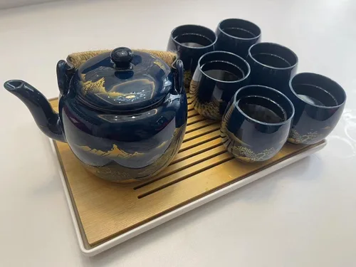 Miniatura 5 de Juego de té japonés, juego de té esmaltado negro en caja de regalo con 1 tetera, 1 colador de té, 1 bandeja de té y 6 tazas de té. Juego de té ideal