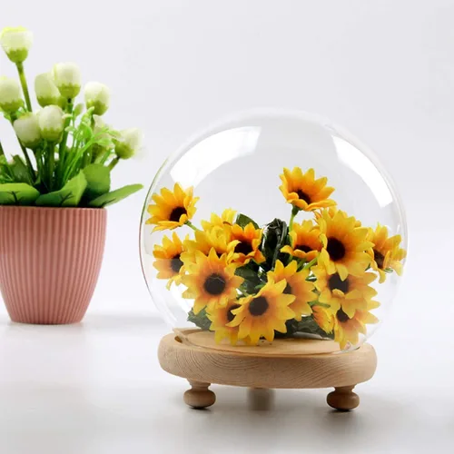 Miniatura 4 de Cúpula redonda de cristal Cloche Ball Jar Exhibición de mesa con base de madera Diámetro 4.7 pulgadas