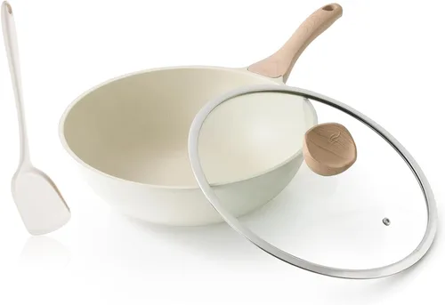 Miniatura 8 de Kordisen Wok antiadherente con tapa, woks y sartenes de 12 pulgadas, revestimiento de piedra de granito para cocinar, utensilios de cocina de Negro