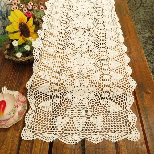 Miniatura 2 de KEPSWET Camino de mesa rectangular de girasol hecho a mano con encaje de ganchillo, decoración floral de boda (14 x 36 pulgadas, beige)
