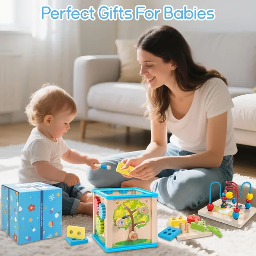 Miniatura 7 de WOODMAM Cubo de Actividades de Madera 7 en 1, Juguetes Montessori para Niños Pequeños de 1 Año, Juguetes Educativos de Desarrollo para Bebés