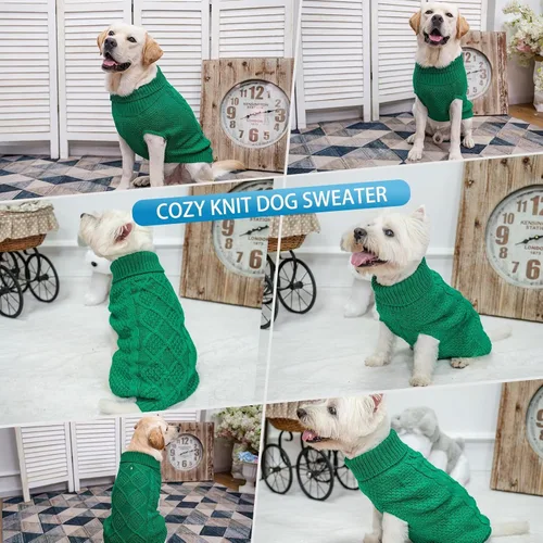 Miniatura 7 de Mihachi Suéter de cuello alto para perro, abrigo de invierno, ropa clásica de punto trenzado con agujero para la correa para clima frío, regalo Verde