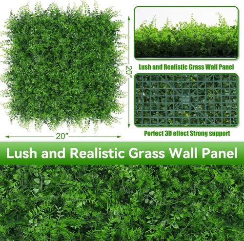 Miniatura 2 de 6 paneles de pared de césped de 20 x 20 pulgadas, fondo de hierba de helecho artificial con protección UV, paneles de boj de plantas de vegetación