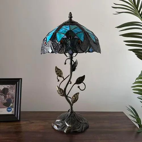 Miniatura 5 de Tiffany - Lámpara de mesa verde y marrón, hierro con hojas de metal, base de bronce, incluye bombilla LED, lámpara de enlace para sala de estar
