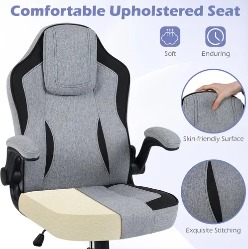 Miniatura 7 de Giantex Silla de oficina ergonómica, silla de escritorio de tela de lino con reposabrazos abatibles de 90°, altura ajustable, función mecedora, Gris