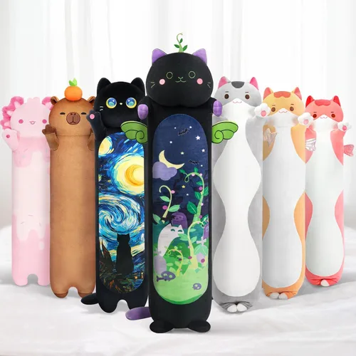 Miniatura 10 de Mewaii Peluche de gato largo, 5 tamaños, 120% relleno extra, almohada gigante para el cuerpo de los niños, lindo peluche Kawaii de ojos grandes