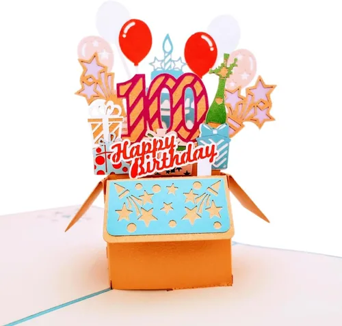 Miniatura 2 de iGifts And Cards Tarjeta desplegable 3D de cumpleaños número 100: caja de fiesta azul centro de mesa de champán - Saludo de hito para padres