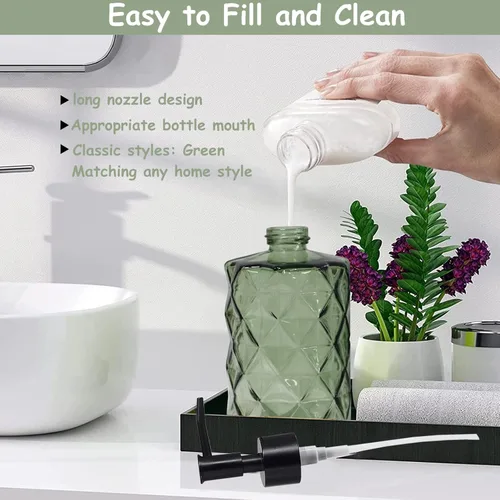 Miniatura 3 de Dispensador de jabón de vidrio verde con bomba de plástico negro, dispensador de jabón líquido para manos recargable de 12 oz, paquete de 2 botellas