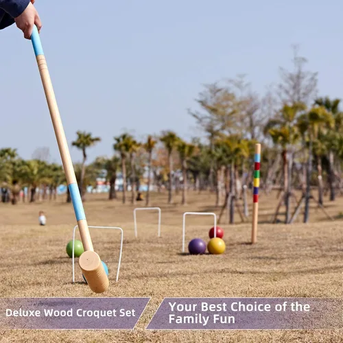 Miniatura 8 de ApudArmis Juego de croquet para seis jugadores de 35 pulgadas con mazos de madera de pino de alta calidad, bola de colores, mechones, estacas