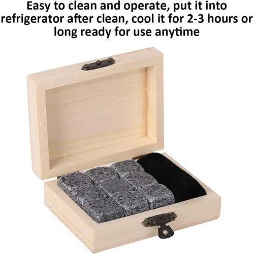 Miniatura 5 de Juego de regalo de piedras de whisky con 9 piezas de piedras y caja, cubos de hielo reutilizables, juego de granito natural, piedras para enfriar