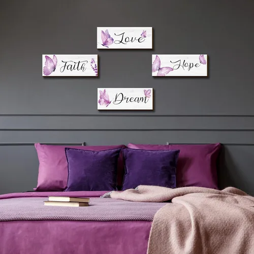 Miniatura 7 de Gerrii 4 piezas de decoración de pared de fe, esperanza, amor, sueño, elegante, primavera, mariposa, madera, decoración para colgar en la Morado