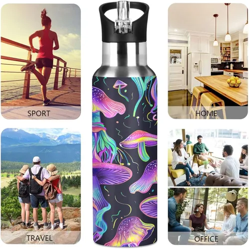 Miniatura 5 de Insulated Stainless Steel Water Bottle with Straw 32 Oz, Leakproof Water Bottles for Gym Outdoor Travel School, Psychedelic Mushrooms Purple