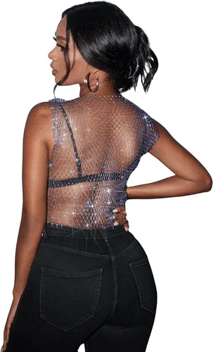 Miniatura 2 de SweatyRocks Camiseta sin mangas sexy de malla con diamantes de imitación para mujer