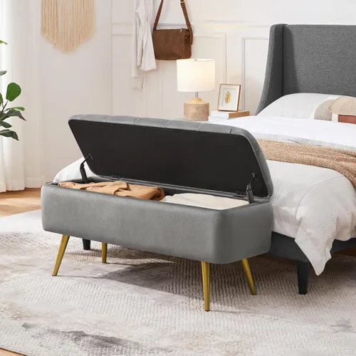 Miniatura 4 de Yaheetech Otomana con almacenamiento, 2 piezas, banco de entrada de terciopelo con bisagra de seguridad, banco tapizado con asiento para dormitorio