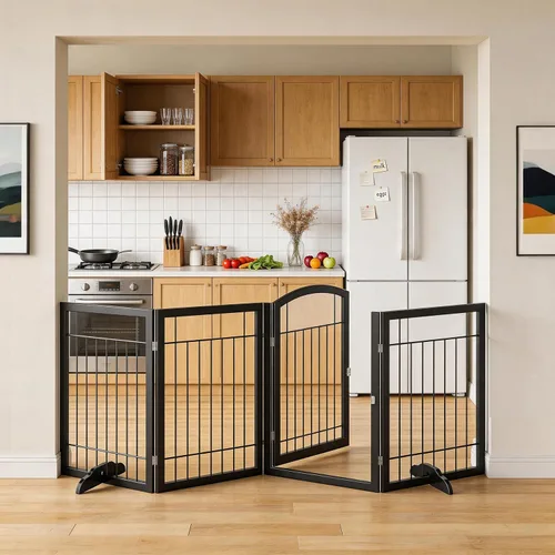 Vantas 96 x 30 in Foldable Metal Dog Gate with Door Walk Through, Black | Freestanding Stability, Extra Wide, Walk-Through Easy, Easy Storage, Easy