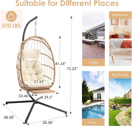 Miniatura 7 de Silla colgante de huevo Brafab con soporte y reposapiés, silla de columpio de mimbre en forma de huevo, marco de aluminio-acero para interiores