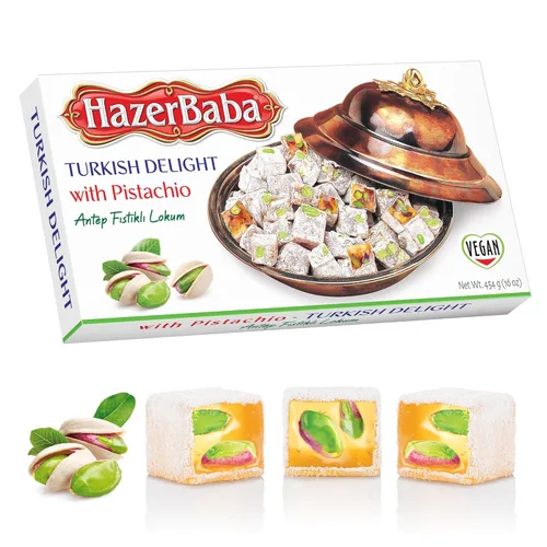 Hazer Baba Delicias Turcas con Pistacho, Caja de bocadillos gourmet, Tradicional, Bocadillo vegano, Lokum turco, Dulces únicos, Loukumi, Delicias