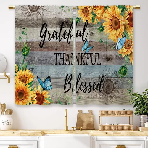 Miniatura 35 de Cortinas de Cocina de Girasol Estilo Granja, Cortinas de Ventana Cortas Pequeñas de Café con Flores Rústicas Florales del Campo, Cortinas de Ventana