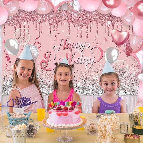 Miniatura 5 de Avezano Telón de fondo de cumpleaños de oro rosa con globos de purpurina rosa y plateado - Cartel para sesión de fotos de cumpleaños de 16, 18, 21