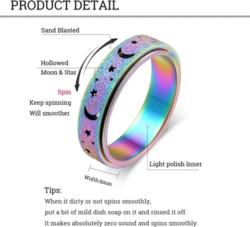 Miniatura 2 de OreilleStar Anillo de Ansiedad para Mujeres Anillo Fidget: Anillos Fidget de Acero Inoxidable Luna Estrella Anillo Fidgit para Mujeres Oro Plata