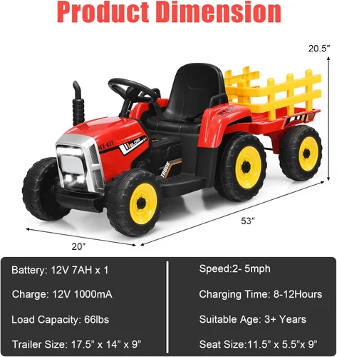Miniatura 5 de Costzon Tractor de paseo con remolque desmontable, vehículos eléctricos para niños con cargador de tierra de cambio de 3 marchas, diseño inalámbrico