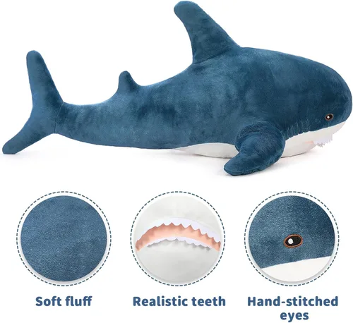 Miniatura 3 de MorisMos Peluche de tiburón gigante, juguete de tiburón de peluche grande, almohada de tiburón suave para niños y niñas, cumpleaños, Navidad, 51 Azul