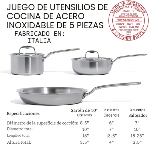Miniatura 3 de Made In Cookware - Juego de utensilios de cocina de acero inoxidable de 5 piezas, revestimiento de 5 capas, incluye sartén de acero inoxidable