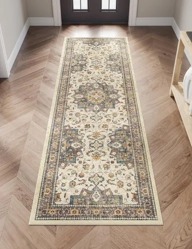 Miniatura 32 de Dripex - Tapete de pasillo lavable de 2 x 8 pies desgastado, medallón oriental, antideslizante, resistente a las manchas, plegable y delgado