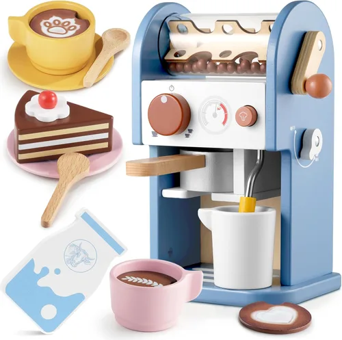 Miniatura 10 de GAGAKU Máquina de café de madera de juguete para niños, juego de máquina de café de simulación con accesorios para cocina de juego, juguetes