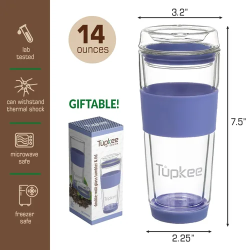 Miniatura 5 de Vaso de vidrio de doble pared de 14 onzas, vaso de té/café aislado reutilizable de vidrio soplado a mano y con tapa, vaso de viaje - Jacaranda