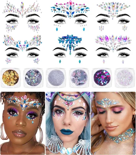 Miniatura 8 de iMethod Joyas de cara de sirena – Gemas adhesivas, accesorios rave para festivales y disfraces de vacaciones, 6 piezas, multicolor