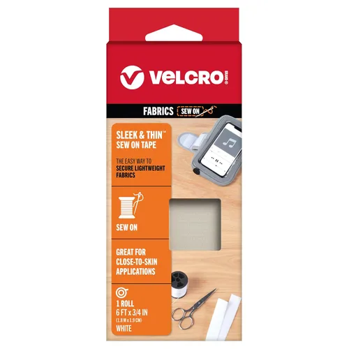 Marca VELCRO Elegante y Delgada para Telas | Cinta de 6 pies x 3/4 pulgadas, Blanco | Suave en la Piel Ultra Ligera con Tecnología de Carril de