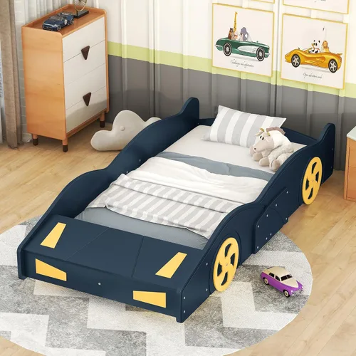 Miniatura 12 de Cama de plataforma en forma de auto de carreras de tamaño individual con ruedas y almacenamiento, base de cama de plataforma de madera maciza