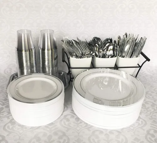 Miniatura 5 de Juego de cubiertos de plástico plateado de 300 piezas, cubiertos de plástico reciclable reutilizable, utensilio de plástico plateado, 100 tenedores