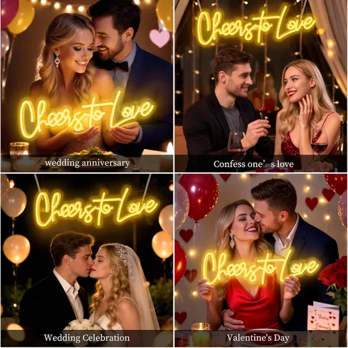 Miniatura 3 de Letrero de neón grande con texto en inglés "Cheers to Love", letrero de neón con interruptor de atenuación, letrero LED reutilizable para telón