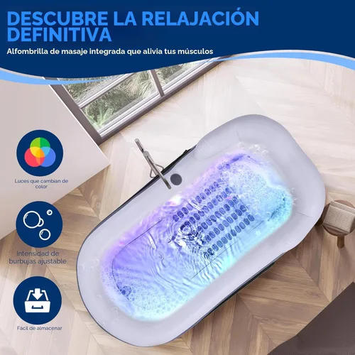 Miniatura 5 de SereneLife Bañera de spa con alfombrilla de masaje de burbujas – Bañera inflable con almohada, portavasos, control remoto para iluminación LED