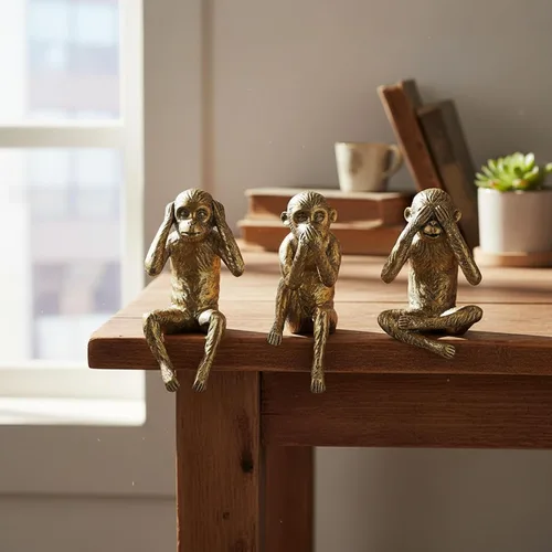 Miniatura 4 de Juego de estatuas de 3 monos sabios, figuras de See Hear Speak No Evil, estantes de resina dorada antigua, decoración de animales sentados