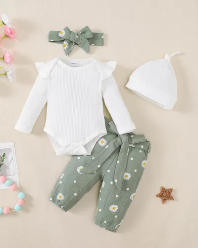 Miniatura 111 de Renotemy Conjunto de ropa para bebé recién nacida, mameluco con volantes, pantalones florales, lindo conjunto de ropa para bebé niña