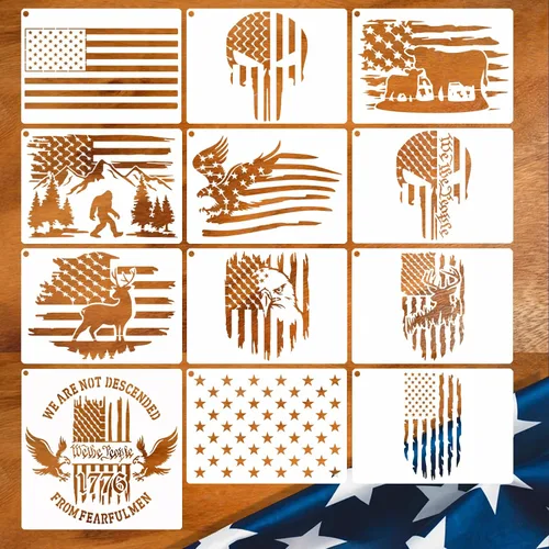 12 piezas Plantilla de bandera americana Plantilla de estrella para pintar Unión 50 estrellas 1776 Militar Nosotros el pueblo Plantilla para quemar