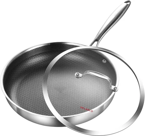 Miniatura 8 de DELARLO Sartén de acero inoxidable de tres capas de 10 pulgadas y 12 pulgadas, sartén apta para horno y de inducción, juego de ollas y sartenes