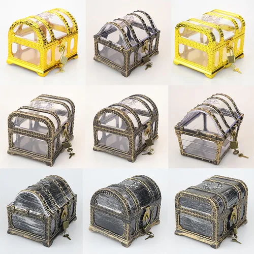 Miniatura 7 de Cofre del tesoro pirata para niños: pequeña caja del tesoro con cerradura y llave, caja de colección vintage de plástico para almacenamiento
