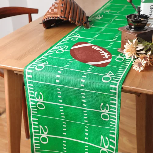 Miniatura 4 de Tegeme 2 piezas de camino de mesa de fútbol americano, decoraciones desechables de lino, mantel rectangular verde para cumpleaños, decoración
