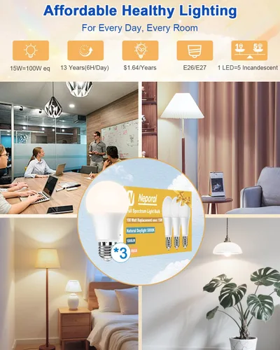 Miniatura 5 de Neporal Bombilla de espectro completo de 15W LED=100W, luz diurna libre de parpadeo de 5000K, sin UV y con alto CRI y luz natural que cuida los ojos
